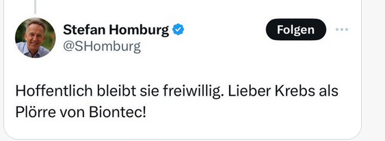 Habe ja anscheinend immer noch einige Follower, die Homburg nicht abgeneigt sind. Mich würde gerne eure Meinung zu so einem Tweet interessieren. Ist das in euren Augen etwas, was ein total normal rational denkender Mensch posten würde? Also so völlig ideologiefrei?