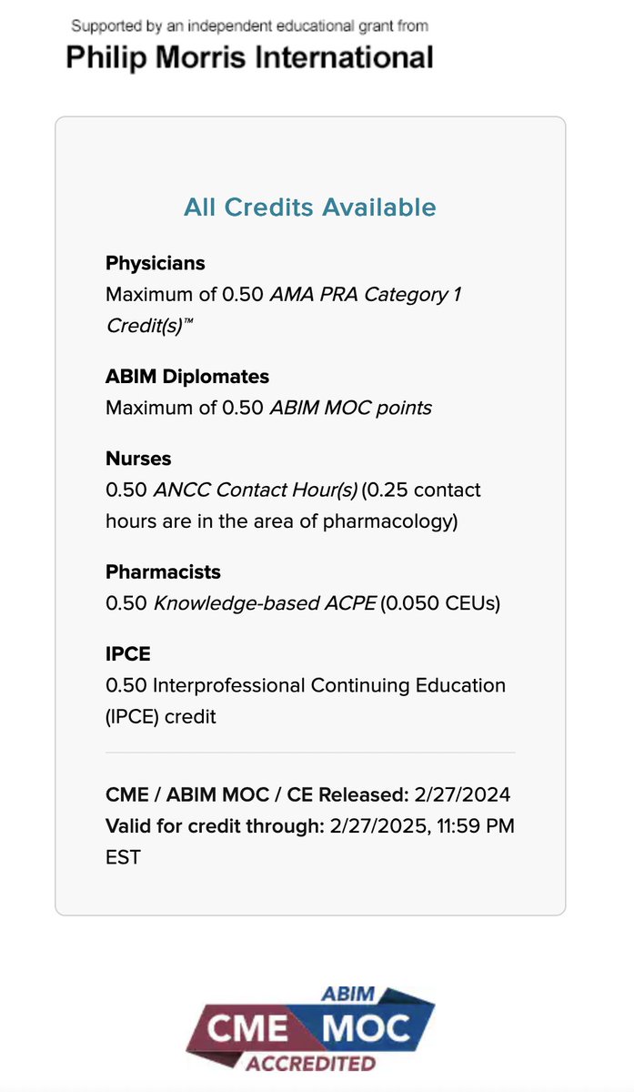 Would you attend a CME session titled 'Nicotine Misperceptions: What Does the Evidence Say,' funded by #BigTobacco giant Philip Morris? Apparently, @Medscape thinks this is OK & @ABIMcert gave it CME/MOC accreditation - an absolute failure. medscape.org/viewarticle/10…