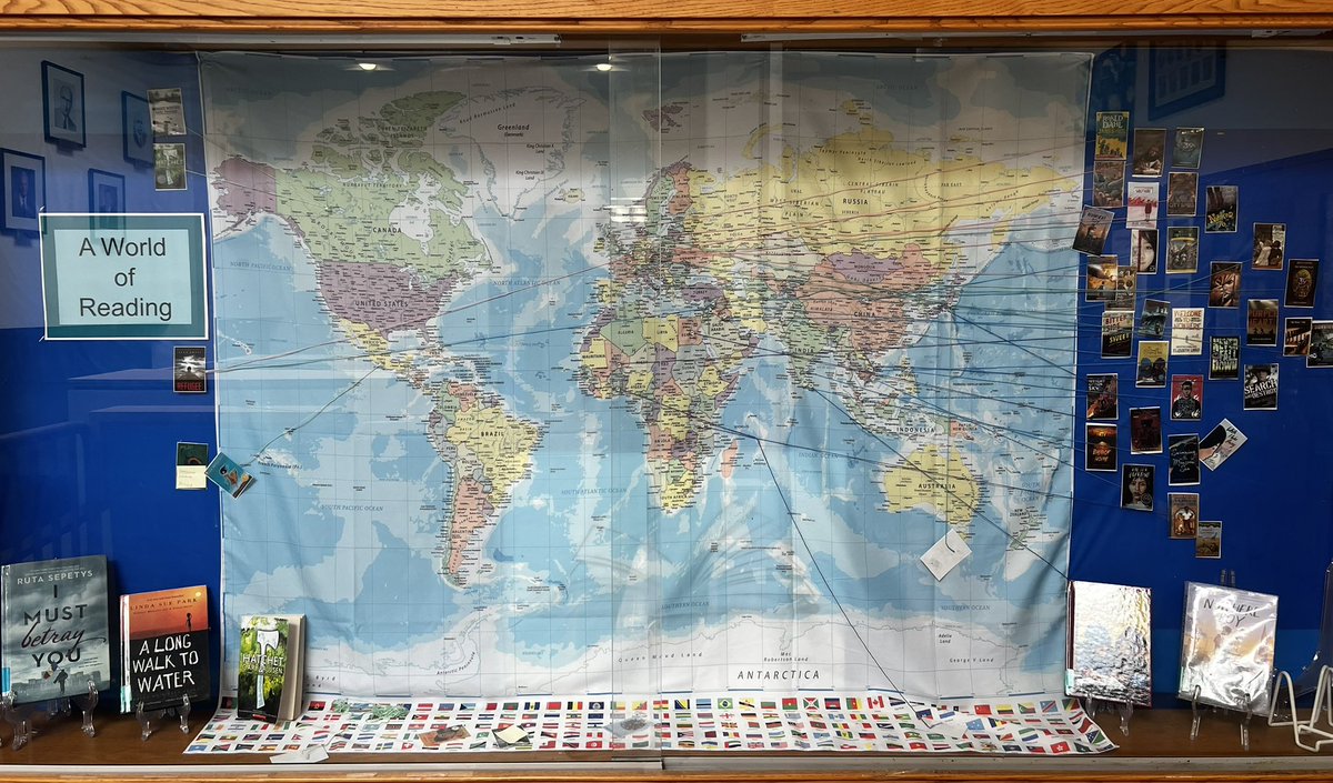 April/May bulletin board thanks to Mrs. Keegan's 7th grade geographical fiction reading project #TGSNATION