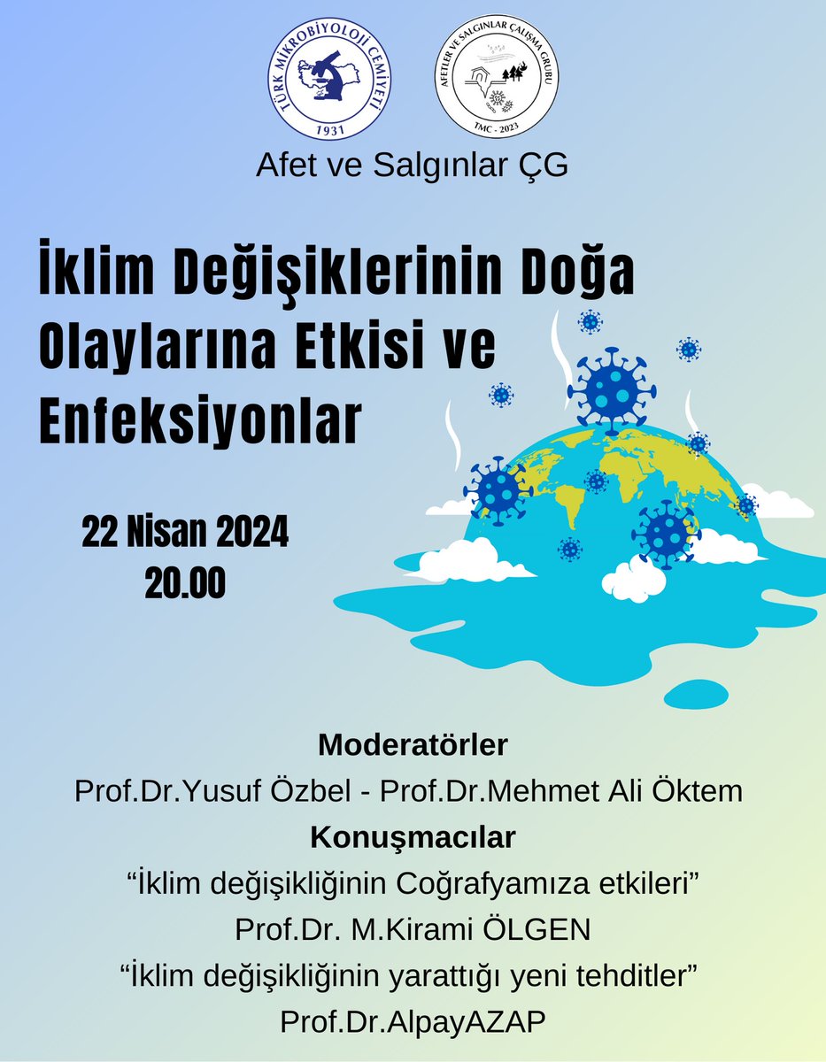 TMC Afetler ve Salgınlar Çalışma Grubu tarafından düzenlenecek olan “İklim Değişikliklerinin Doğa Olaylarına Etkisi ve Enfeksiyonlar” başlıklı etkinliğimiz 22 Nisan 2024 saat 20:00 de gerçekleştirilecektir. TMC Yönetim Kurulu Katılım Linki: us06web.zoom.us/j/86011054652