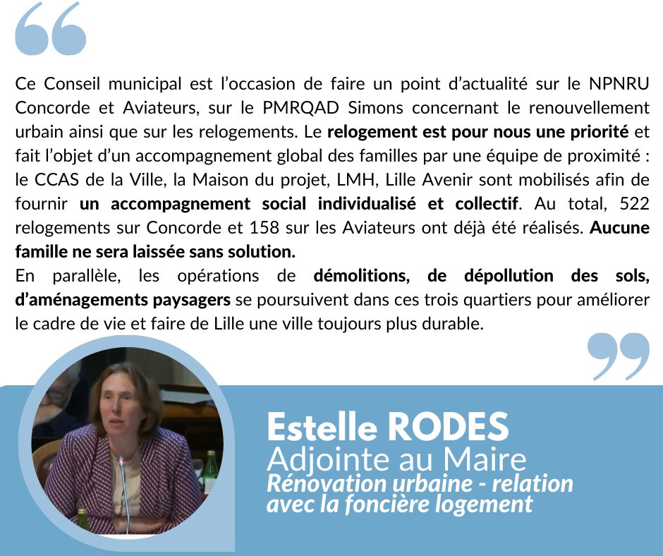 #RenouvellementUrbain : @EstelleRodes fait le point ce soir en #CMLille et rappelle que nous donnons la priorité à l'accompagnement des familles et au relogement. 💪 #LilleSolidaire #Lille