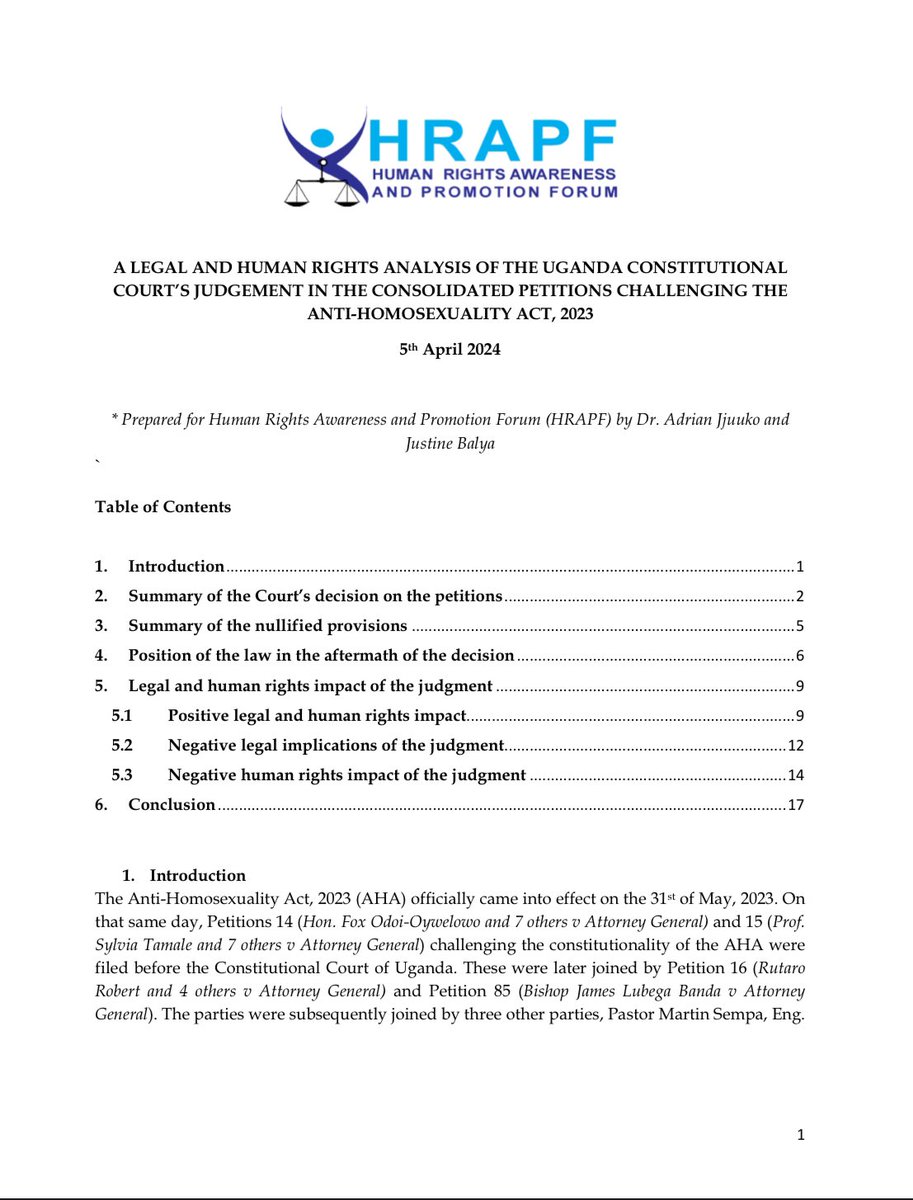 #HRAPFPublication🧵 Read HRAPF’s legal and human rights analysis of the Constitutional Court's judgment in the consolidated Petitions 14,15,16 and 85 of 2023 challenging the Anti-Homosexuality Act. Link to full report➡️hrapf.org/?mdocs-file=11…