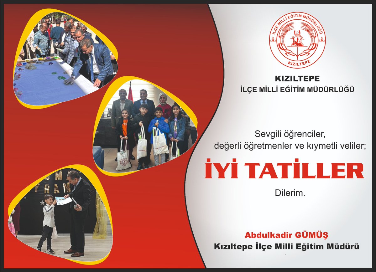 İçerisinde Ramazan Bayramı sevincini yaşayacağımız ara tatilin tüm öğrenci ve öğretmenlerimizin dinlenmelerine vesile olması temennisiyle, kendilerine iyi tatiller dileriz. @tcmeb @Yusuf__Tekin @tuncay_akkoyun @KiziltepeKymlk @Murat69_Demir @akadirgms