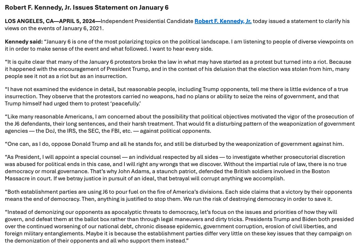 NEW: RFK Jr. statement on Jan. 6 following our scoop yesterday on his fundraising email calling J6ers 'activists' deprived of constitutional rights.