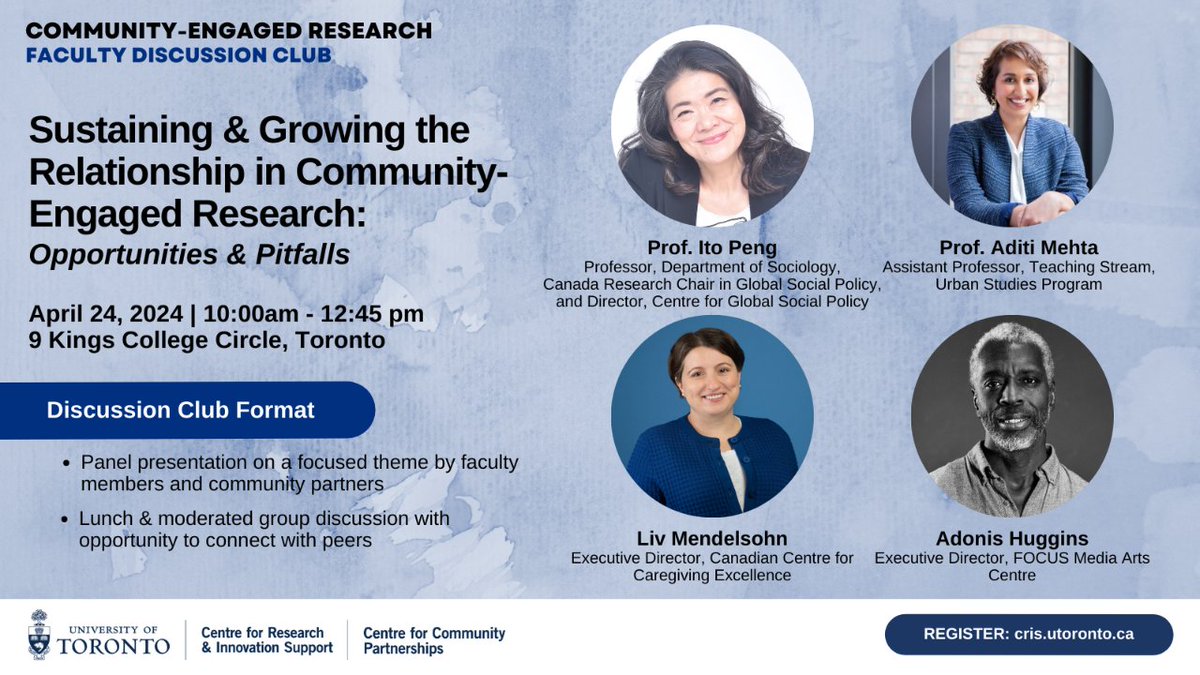 Advance your Community-Engaged Research journey with us at the University of Toronto. Join our 4th session to explore sustaining and growing research relationships.   Date: Apr. 24, 10:00am - 12:45am  Register: cris.eve.utoronto.ca/home/events/39…