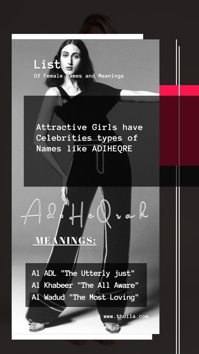 ThuilaLtd's tweet photo. @TellMamaUK LIST OF FEMALE NAMES AND MEANING

ADIHEQRE, ADIHEQRAH, ADOHEQRE, ADOHEQRAH

MEANING;
Al ADL "The Utterly just" Al Khabeer "The All Aware" Al Wadud "The Most Loving"

https://t.co/o0acaIyjOr

#ADIHEQRE
#ADIHEQRAH
#ADOHEQRE
#ADOHEQRAH
#FEMALENAMES
#ISLAMICNAMES
#MODERNNAMES
#THUILA https://t.co/O3SxMob34o