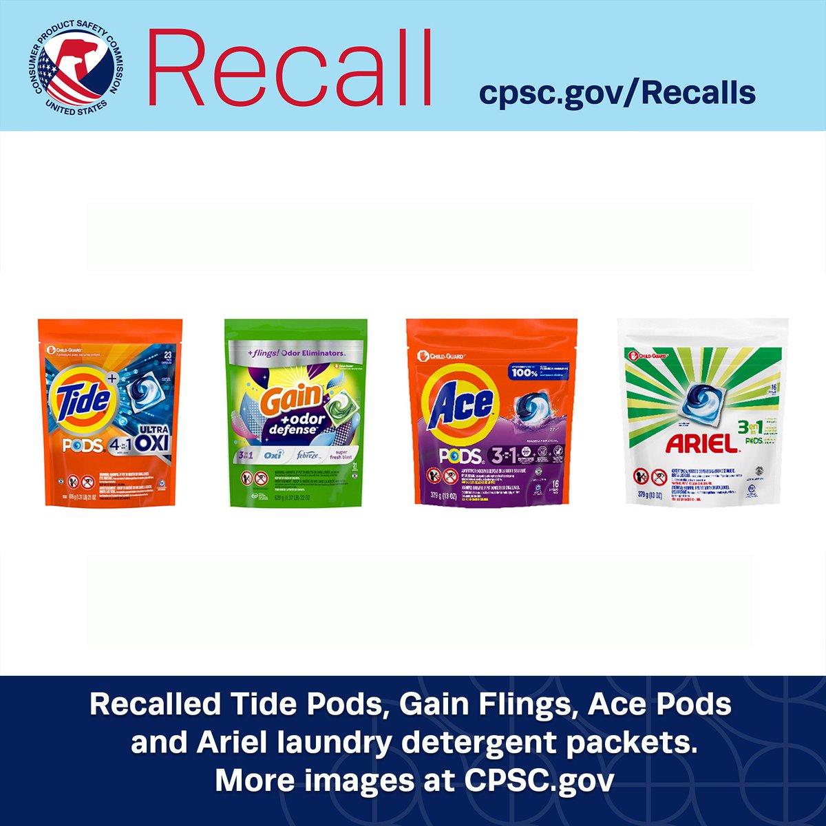 #RECALL: @ProcterGamble 8 million defective bags of Tide, Gain, Ace & Ariel laundry detergent packets; Outer packaging can open posing risk of serious injury. Get refund & replacement child resistant bag. CONTACT: 833-347-5764 or pg.com/bags. cpsc.gov/Recalls/2024/P…