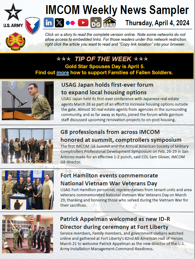 IMCOM professionals are establishing community ties, from formal IGSAs to informal events like a Baby Palooza. Read more. spr.ly/6012w1bmq Also, Gold Star Spouses Day is today. Find out more how to support Families of Fallen Soldiers. spr.ly/6014w1bms