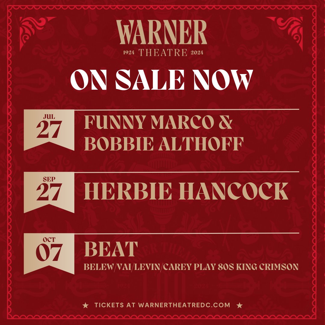 ON SALE NOW ‼️ ⭐ Funny Marco & Bobbie Althoff - Open Thoughts vs Really Good Podcast Tour ⭐ Herbie Hancock ⭐ BEAT - Belew/Vai/Levin/Carey play 80s King Crimson 🎟️ Get tickets here: livemu.sc/3J324mZ