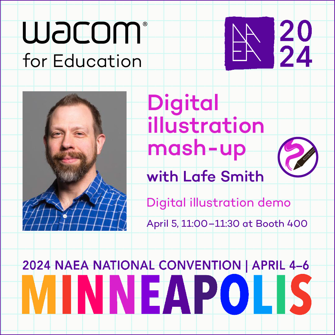 wacomedu's tweet image. #NAEA24! Stop by for a digital illustration mash-up with Director of the Master of Arts in Graphic and Web Design program at @MCAD, @LafeSmith + a presentation on Grisaille style underpainting with Sarah Honeywell, art instructor at Columbia Heights Public Schools. See you there!