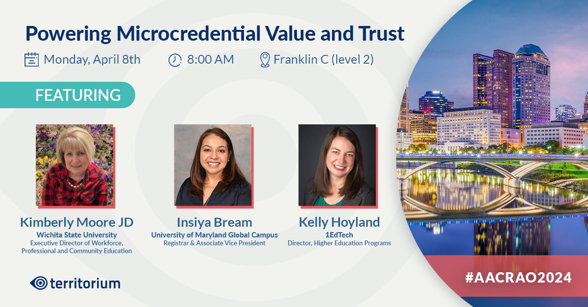 Rounding out our @AACRAOAnnual Meeting recommendations, here's a session featuring Kimberly Moore from @WichitaState, Insiya Bream from the @umdglobalcampus, and Kelly Hoyland from @LearningImpact, on value, trust, and microcredentials. #aacrao2024