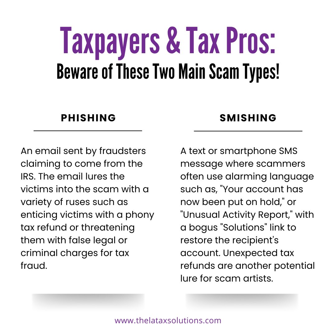 🛑 Beware of phishing and smishing scams targeting the tax community. 

📲 If you encounter suspicious messages, report them to the IRS right away and spread the word by sharing this post!

#TaxScams #IRS #TaxSecurity #IdentityProtection #TaxSeason #TaxTips #TaxProfessionals