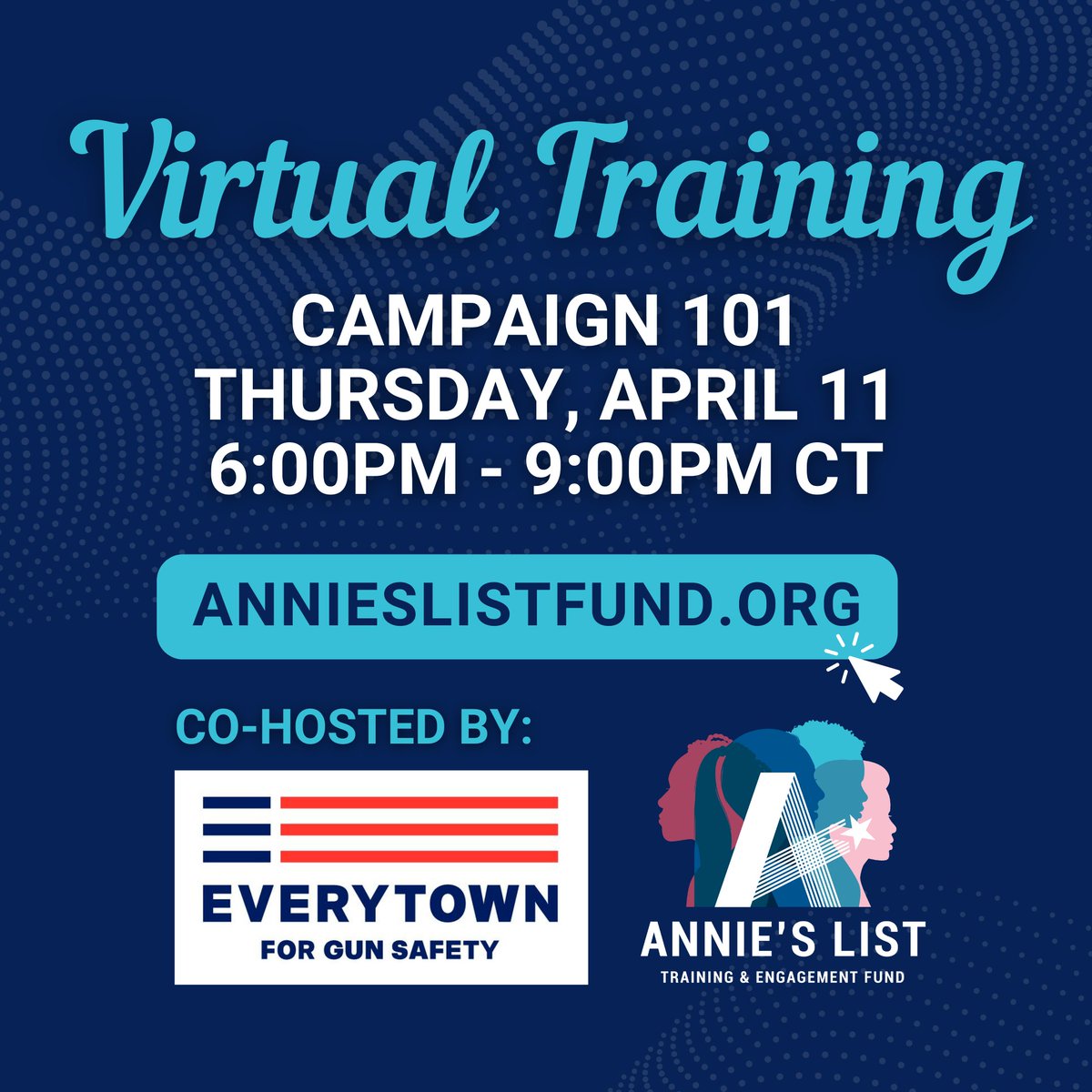 We are excited to team up with @annieslistfund to offer a Virtual Campaign 101 training for aspiring candidates! Join us Thursday (4/11) to talk through:

✅ Preparing to Run
✅ Fundraising Tips
✅ Voter Engagement

Register here: etwn.us/3TOurdg