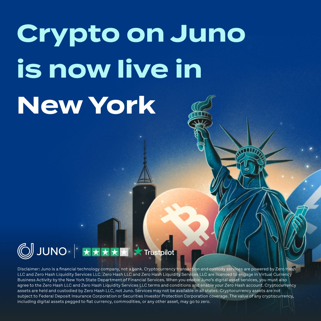 New York just got a major upgrade! ✨ Crypto on Juno is now live across the entire state of New York, go onchain now 🗽