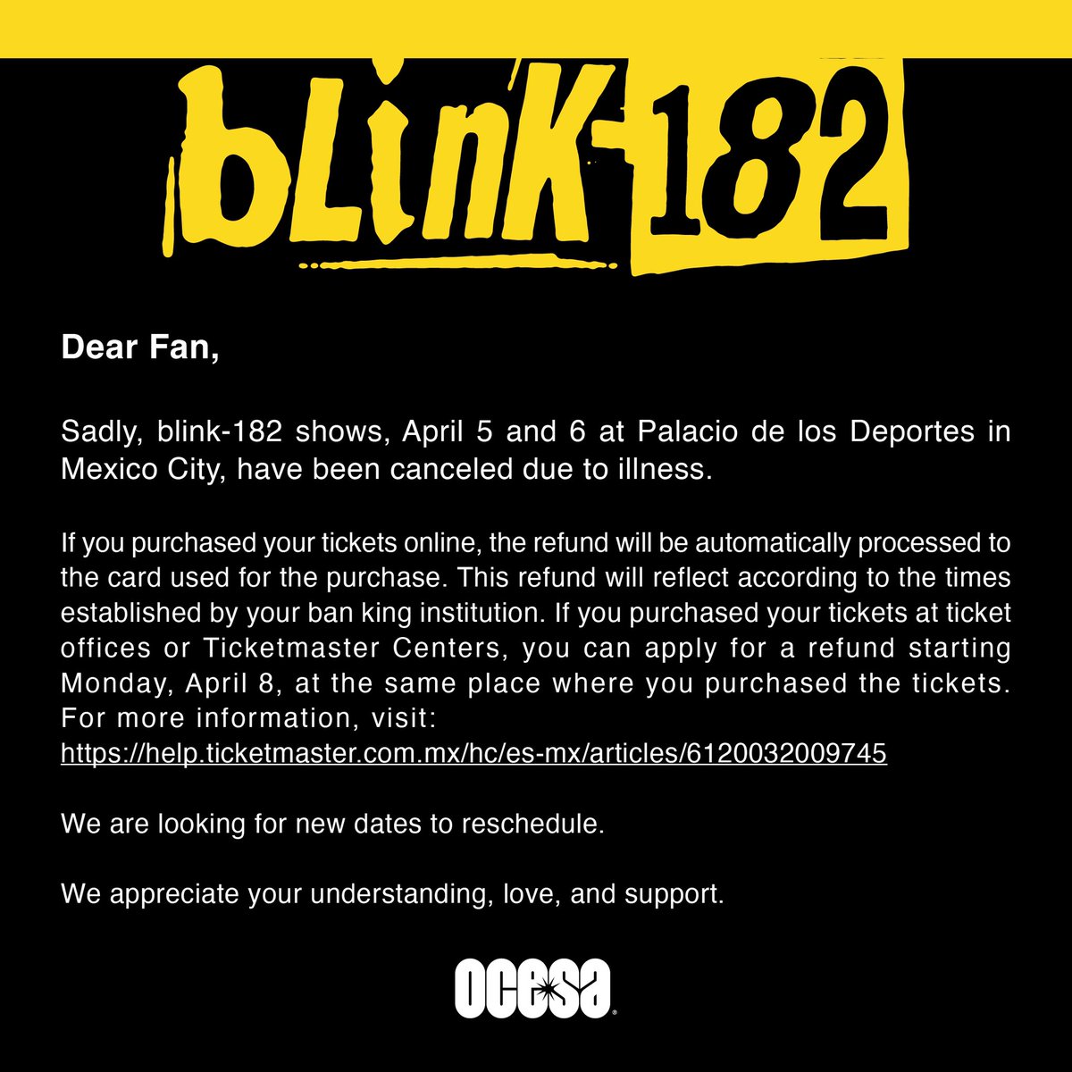 Información importante sobre los conciertos de hoy y mañana de blink-182 en el Palacio de los Deportes.⚠️