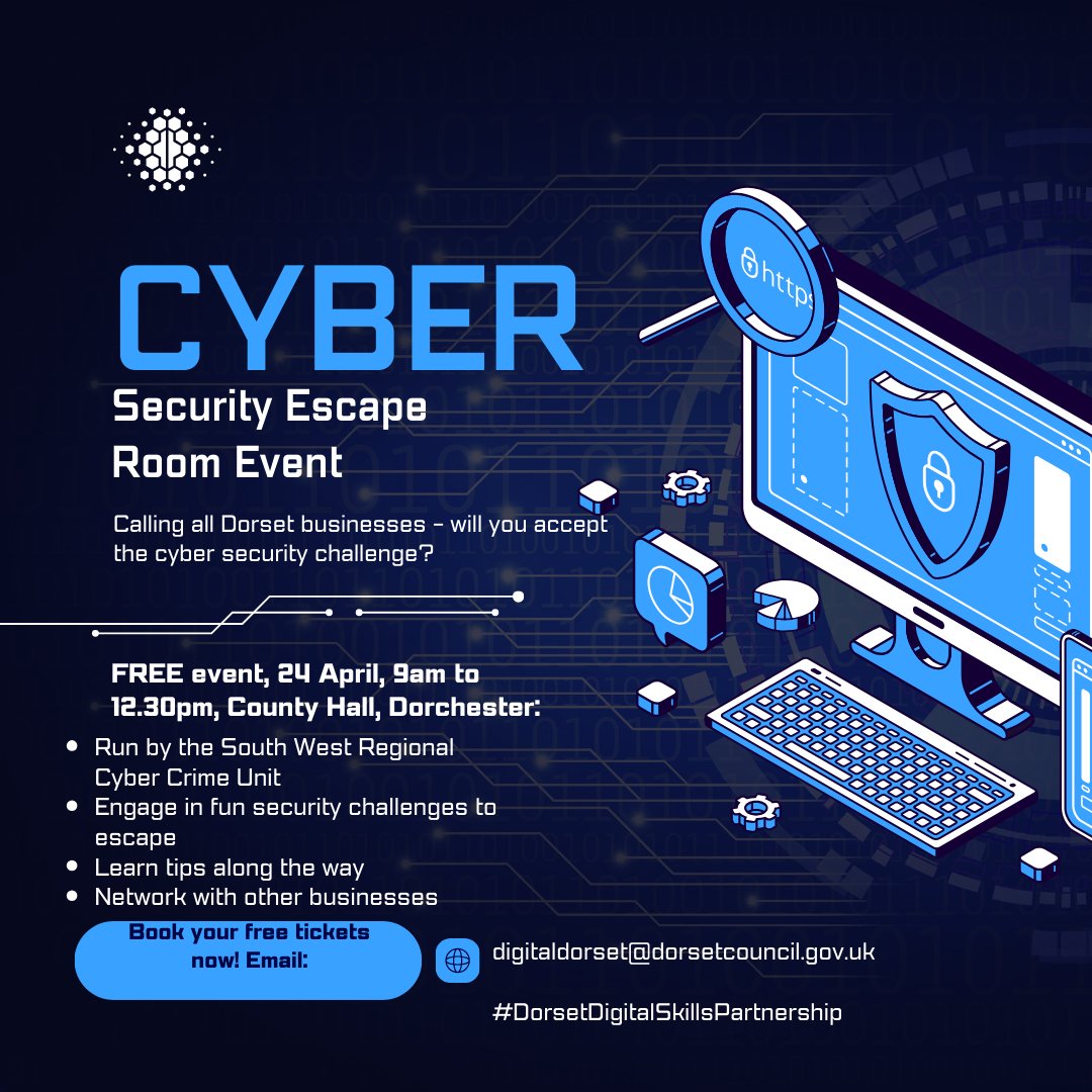 #Dorset businesses - come along to our FREE Cyber Escape Room on 24 April to learn some valuable cyber security tips, enjoy a challenge and have great fun. Book your tickets here: orlo.uk/CyberEscapeRoo… #cybersecurity #Dorchester #DigitalDorset @DorsetChamber