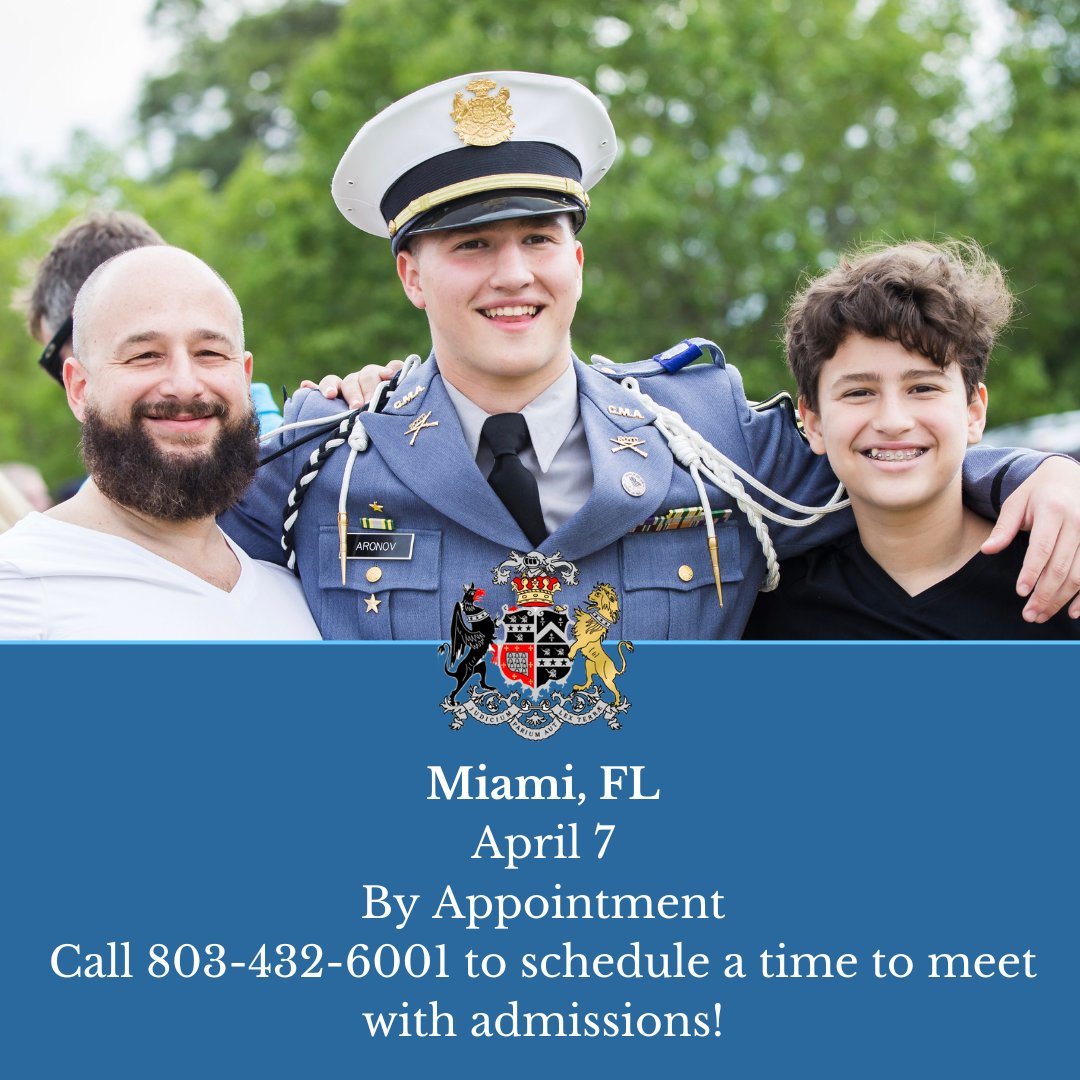 It is not too late to make an appointment to meet with our Admissions Director in Miami, FL on April 7th! Please call 803-432-6001 or email admissions@camdenmilitary.com to make your appointment! #camdenmilitary