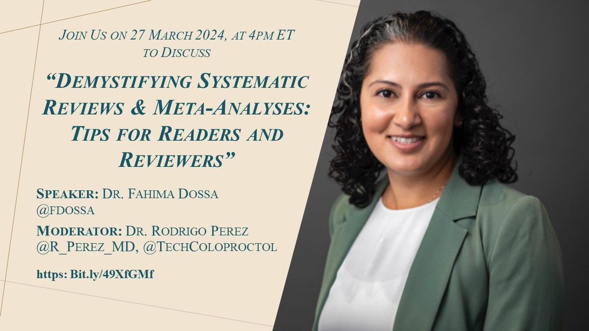 Good things come to those who wait ... Our first official YouTube Video has posted! buff.ly/3PPZiFf Subscribe to our @TechColoproctol YouTube page to be alerted to upcoming videos.
@R_Perez_MD #coloproctology #systematicreviews #metaanalysis @brunabvailati @nlavellaneda