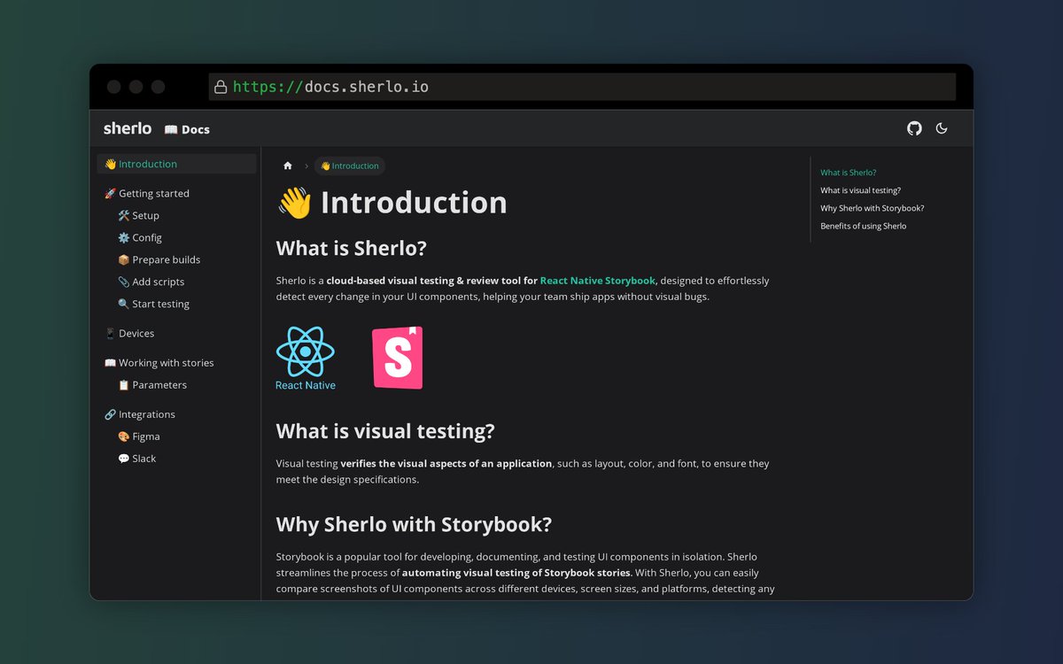sherlo_io's tweet image. We&apos;ve updated our Docs website 📖✨

How do you like it? 🤔

docs.sherlo.io