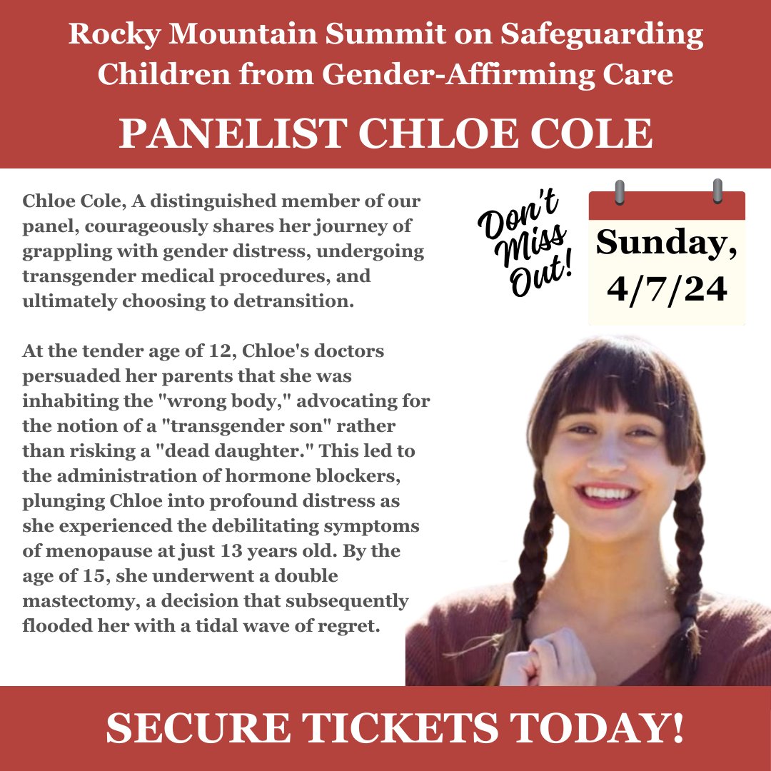 🌟 Don't miss out on THIS Sunday's Summit on Safeguarding Children from Gender-Affirming Care! Join our esteemed panelists: Detransitioner Chloe Cole, Colorado Parent Erin Lee, Dr. Travis Morrell, MD, Clinical Psychologist Dr. Eddie Waldrep & Author Mary Margaret Olohan.…