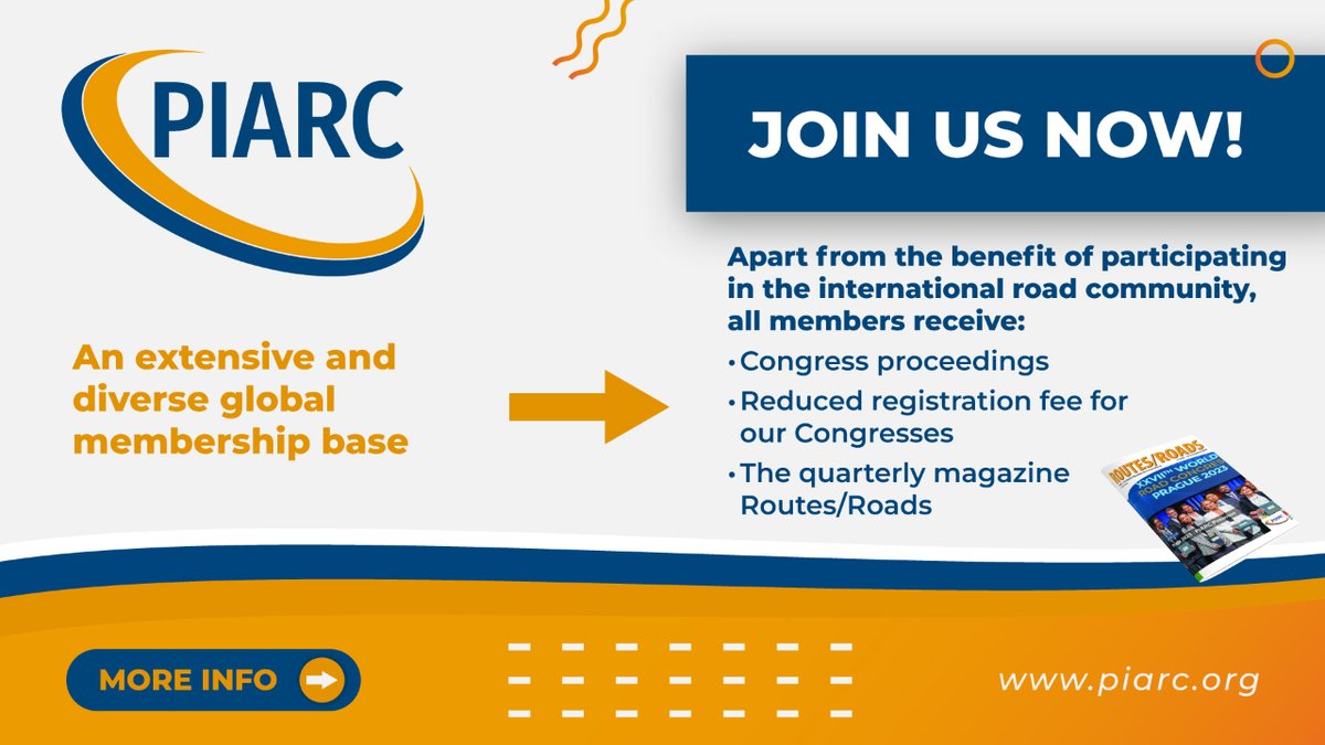 Ready to join our global road community? From national authorities to individuals, all share a common vision of integrated, sustainable & safe transport. Membership perks include Routes/Roads magazine, Congress proceedings & more! Join here: t.ly/mc-E6