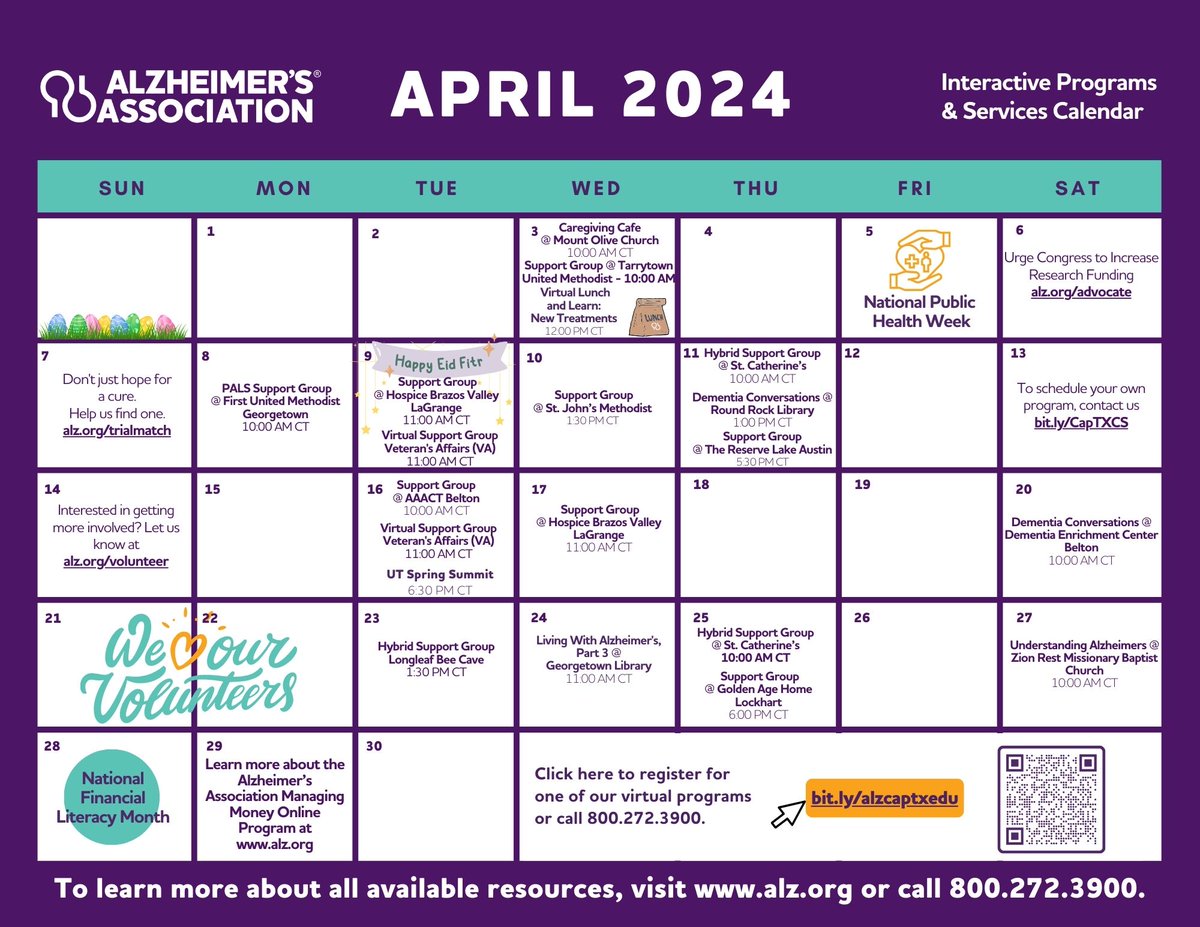 The April 2024 Programs & Services calendar and Caregiver Support Groups are posted at bit.ly/alzcaptxedu. Choose a program or support group and get info/register by calling the 24/7 Helpline at 800.272.3900. #ENDALZ #CaregiverSupport #AlzheimersEducation #DementiaEducation