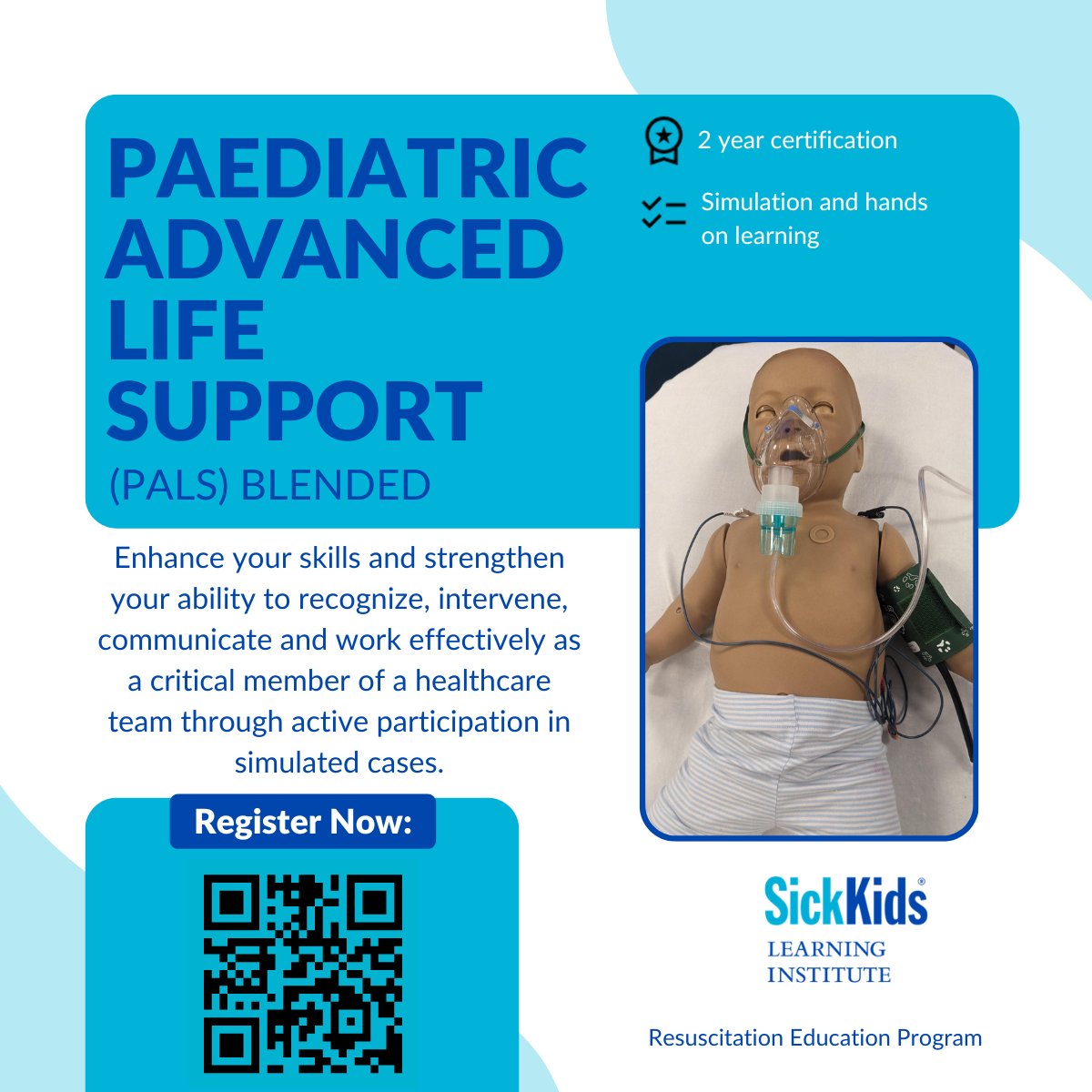Elevate your paediatric emergency skills with our PALS blended course on April 12! Developed by @HeartandStroke & offered at SickKids' Simulation Centre. Register now: shorturl.at/EFK35 #PALS #SKLearning