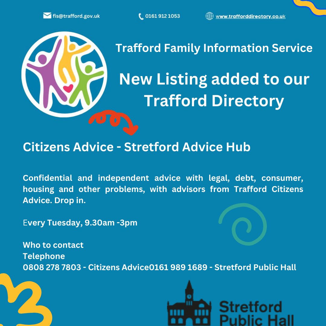 New listings added to our Trafford Directory: Citizens Advice - Stretford Advice Hub. Confidential and independent advice with legal, debt, consumer, housing and other problems, with advisors from Trafford Citizens Advice. Drop in. Find out more 👇 trafforddirectory.co.uk/kb5/trafford/f…