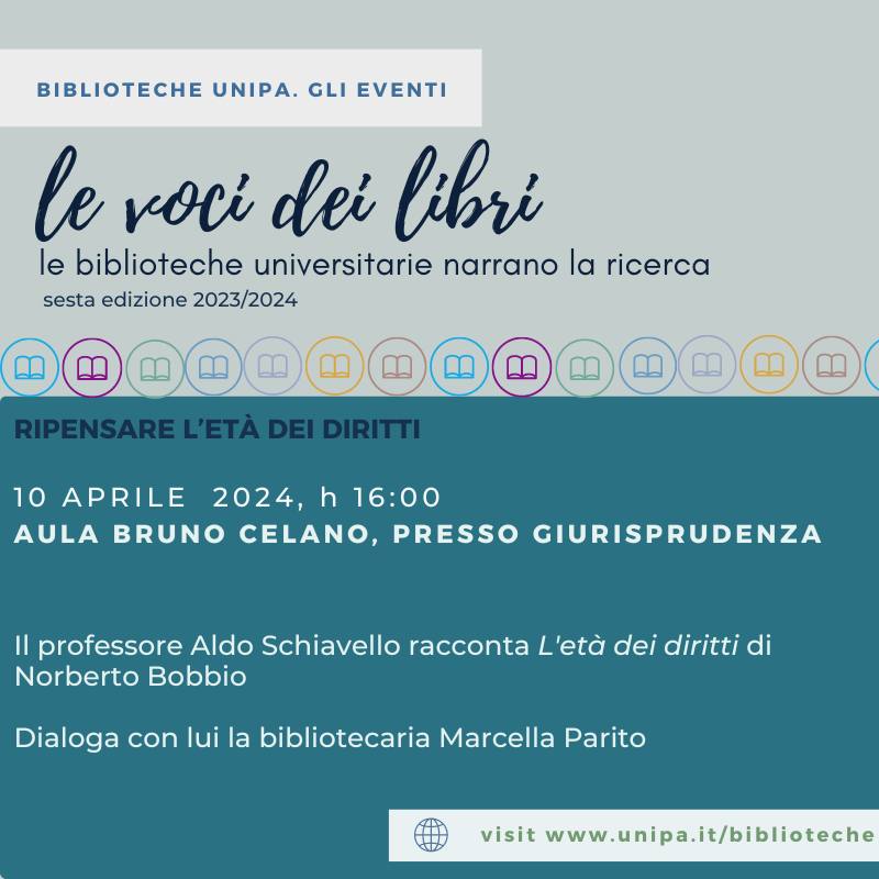 Le voci dei libri 📚 Il prof. Aldo Schiavello racconta il libro 'L'età dei diritti' di Norberto Bobbio. Dialoga con lui la bibliotecaria Marcella Parito 📌 10/04 h16 Aula Bruno Celano, Dipartimento di Giurisprudenza - Piazza Bologni, 8 ℹ️ t.ly/JjFHN @PaBiblio