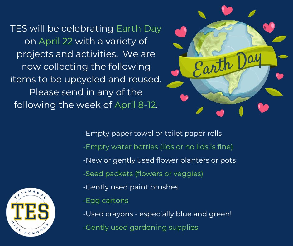 Earth Day 2024 is quickly approaching. If you have any of these items to donate - our TES students would greatly appreciate it!