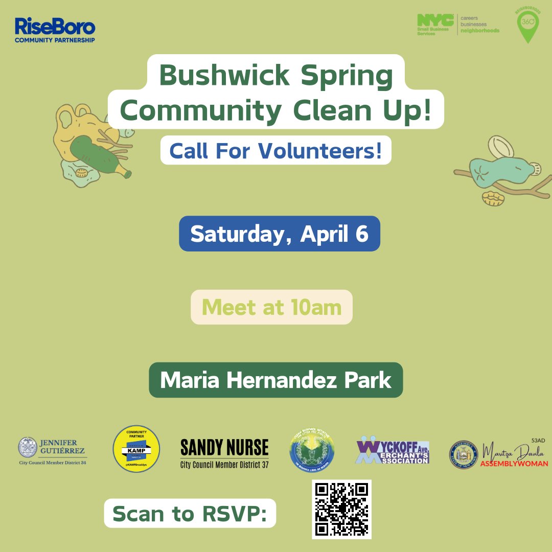 Join us this Saturday for a neighborhood cleanup event! Thank you Clean Bushwick Initiative, Knickerbocker Avenue Merchants Partnership, Wyckoff Avenue Merchants Association, @JenGutierrezNYC, @DavilaAssembly ! Register here: forms.gle/nLdo8sxitbPwVy…