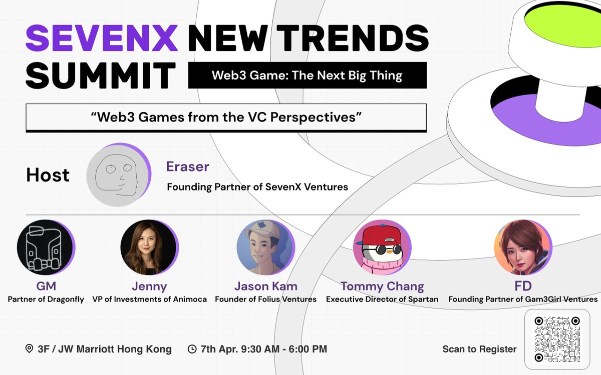 🔥Panel Spotlight at SEVENX NEW TRENDS SUMMIT | Web3 Game: The Next Big Thing 🇭🇰 @festival_web3 🎮Join us and explore the web3 game realm from VC perspectives. RSVP➡️lu.ma/NewTrendsSummi… Meet our esteemed panelists: 💡@0xsudogm Partner of @dragonfly_xyz 💡@Jennyqcheng…