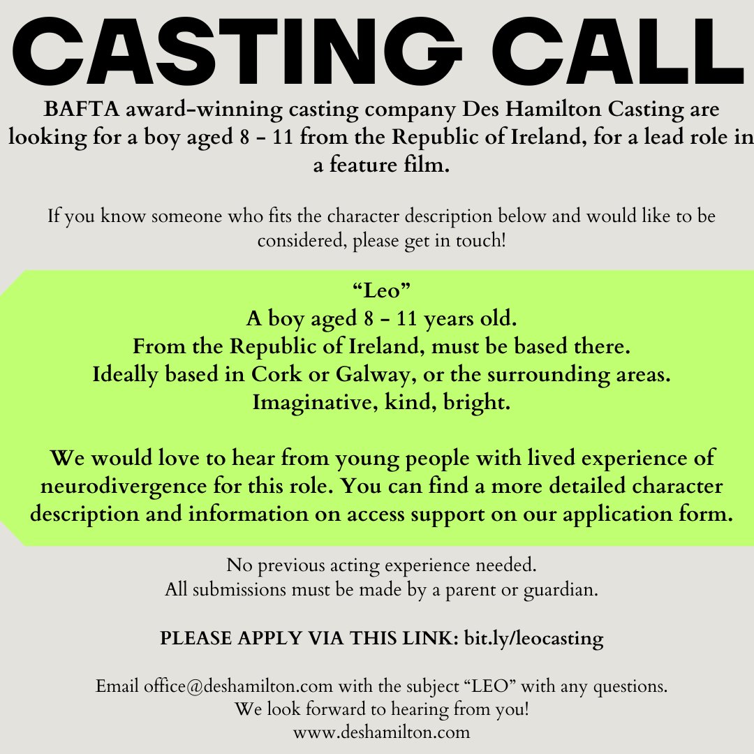 CASTING CALL - Exciting opportunity for young people in the Republic of Ireland. Please share widely, and get in touch if you know someone who fits the brief and would like to apply! Please apply here - bit.ly/leocasting