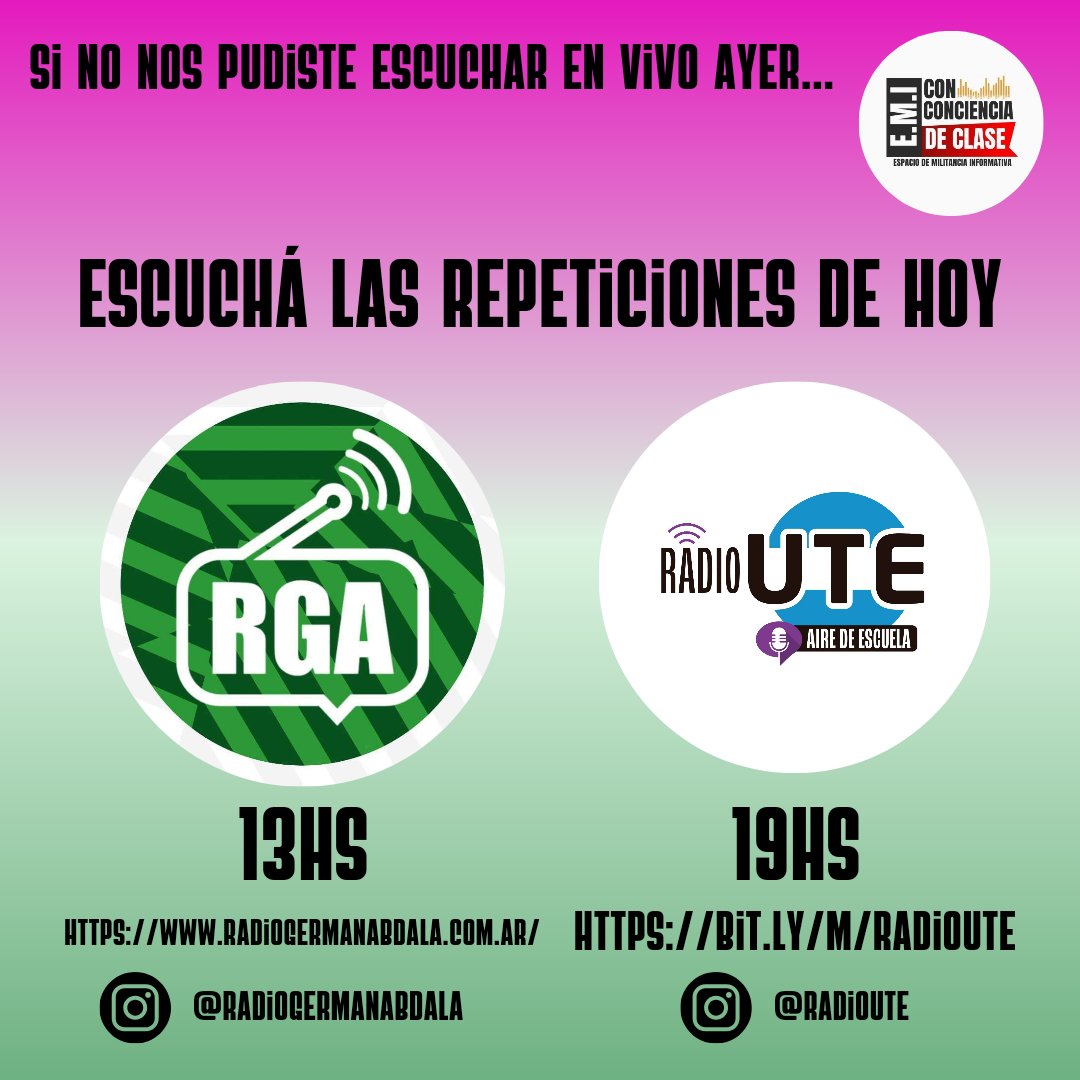 📣 Programón el de ayer! 
🖤 Si no nos pudiste escuchar en vivo, #hoy, #viernes, podés escuchar las repeticiones!
❤️ 13hs en <a href="/radiogabdala/">Radio Germán Abdala</a> 
🧡 19hs en <a href="/radioute/">RadioUte</a> 

#EMI #EspacioDeMilitanciaInformativa #radio