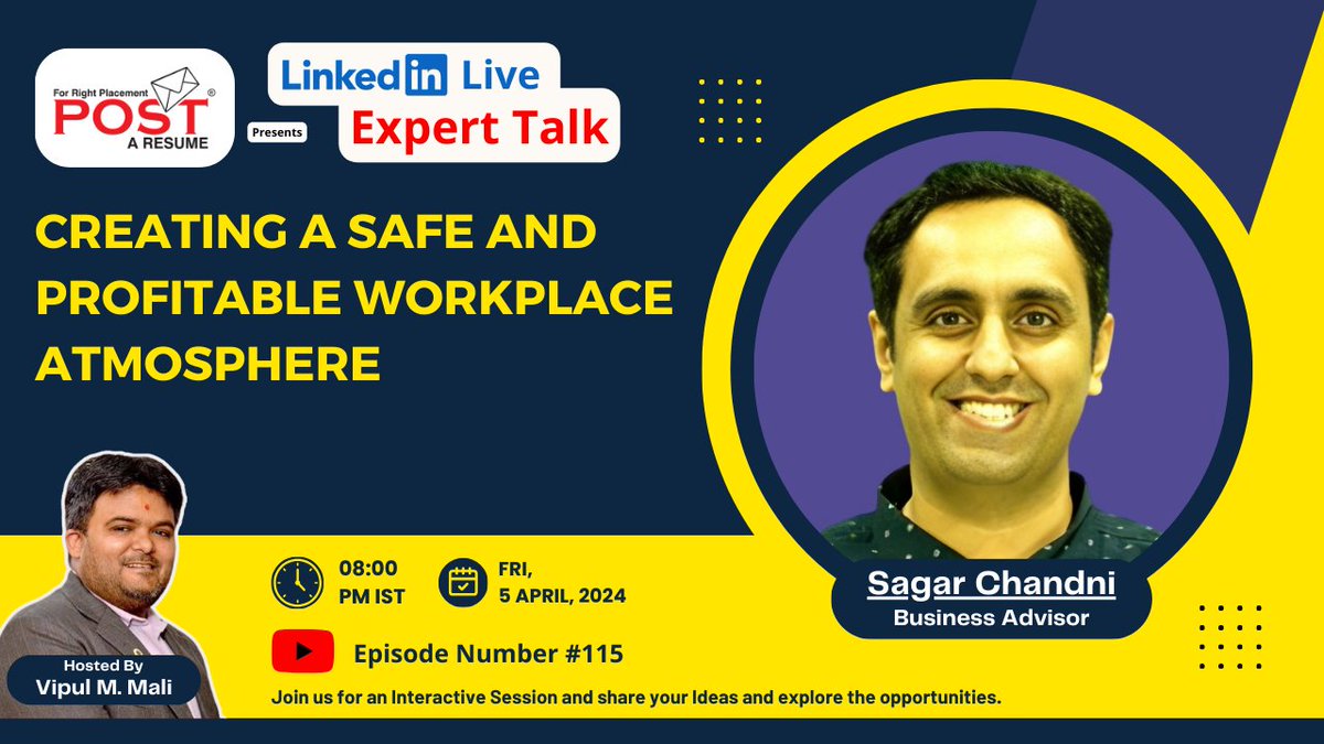 Expert Talk Ep. 115 with Sagar Chandni on Creating a Safe and Profitable Workplace Atmosphere
youtube.com/live/SL9Bq06tU… 
#VipulTheWonderful #ExpertTalk #WorkplaceSuccess #SafetyFirst #BusinessGrowth #WorkplaceCulture #ProfitPotential #LeadershipInsights #SafeWorkplace