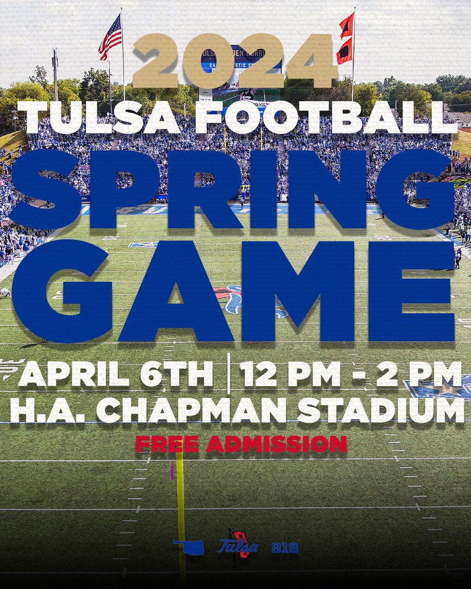 Join us tomorrow for the 2024 @TulsaFootball spring game! Free admission and concessions will be open! #ReignCane