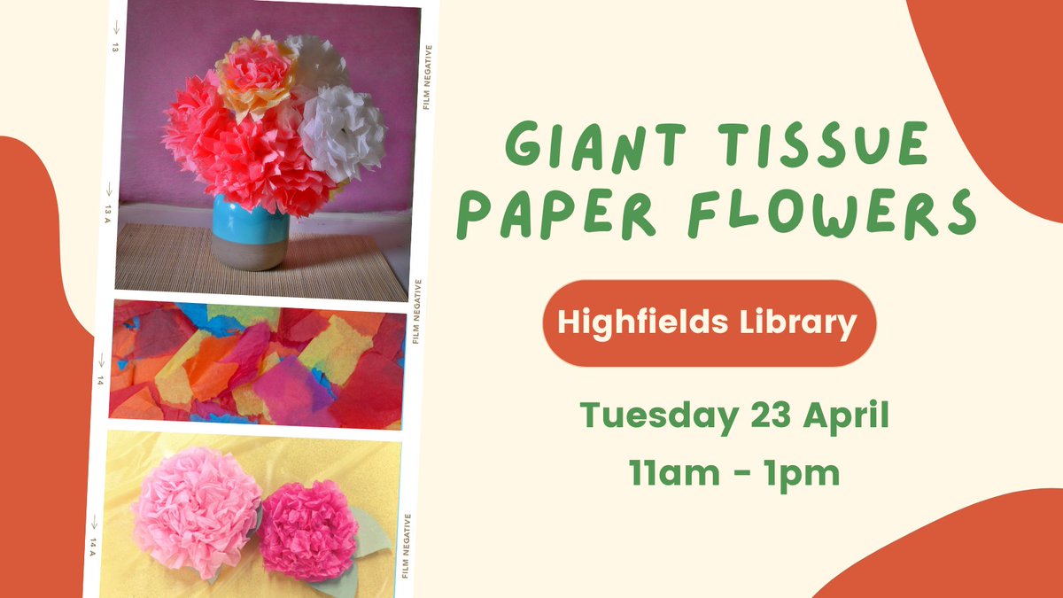 Join our monthly adult craft session at Highfields Library. Starting Tuesday 23 April, 11am - 1pm . Make giant tissue paper flowers and let us know what future crafts you would like to take part in. Drop in session - ow.ly/gG3i50R9ihY