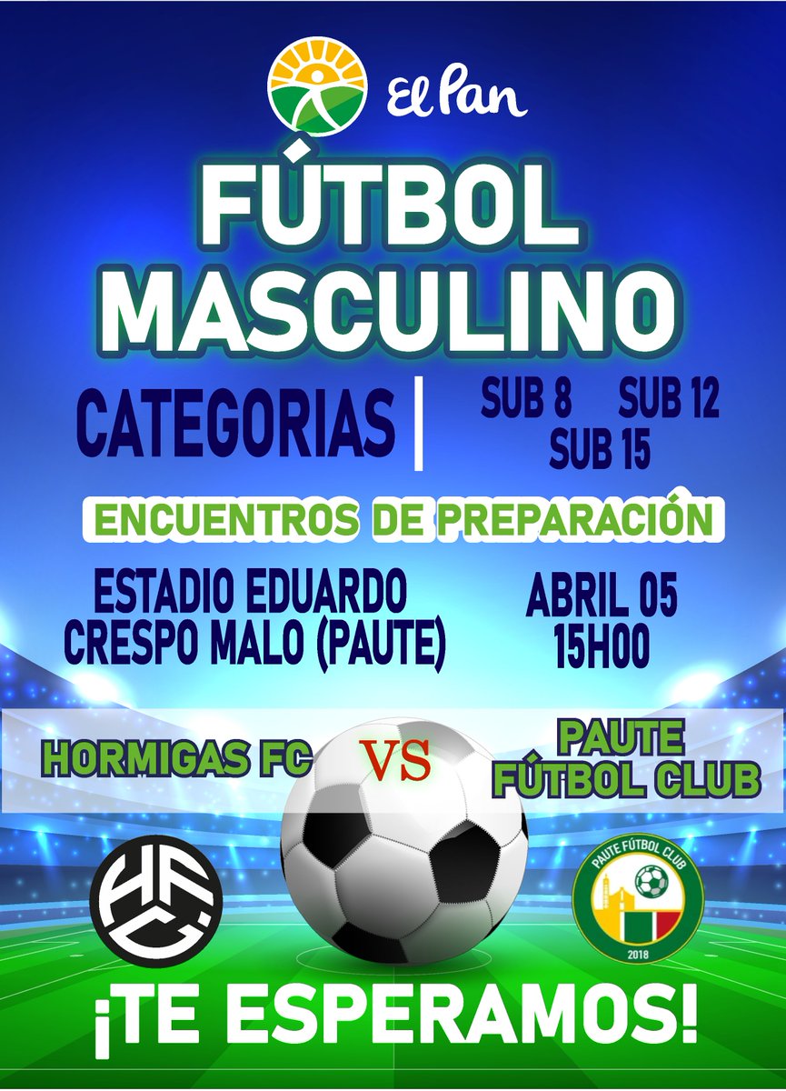 Ven y disfruta de los diferentes encuentros de preparación de nuestra Escuela de Fútbol Hormigas FC.
5 de abril
Eduardo Crespo Malo (Paute)
15H00
¡Te esperamos!