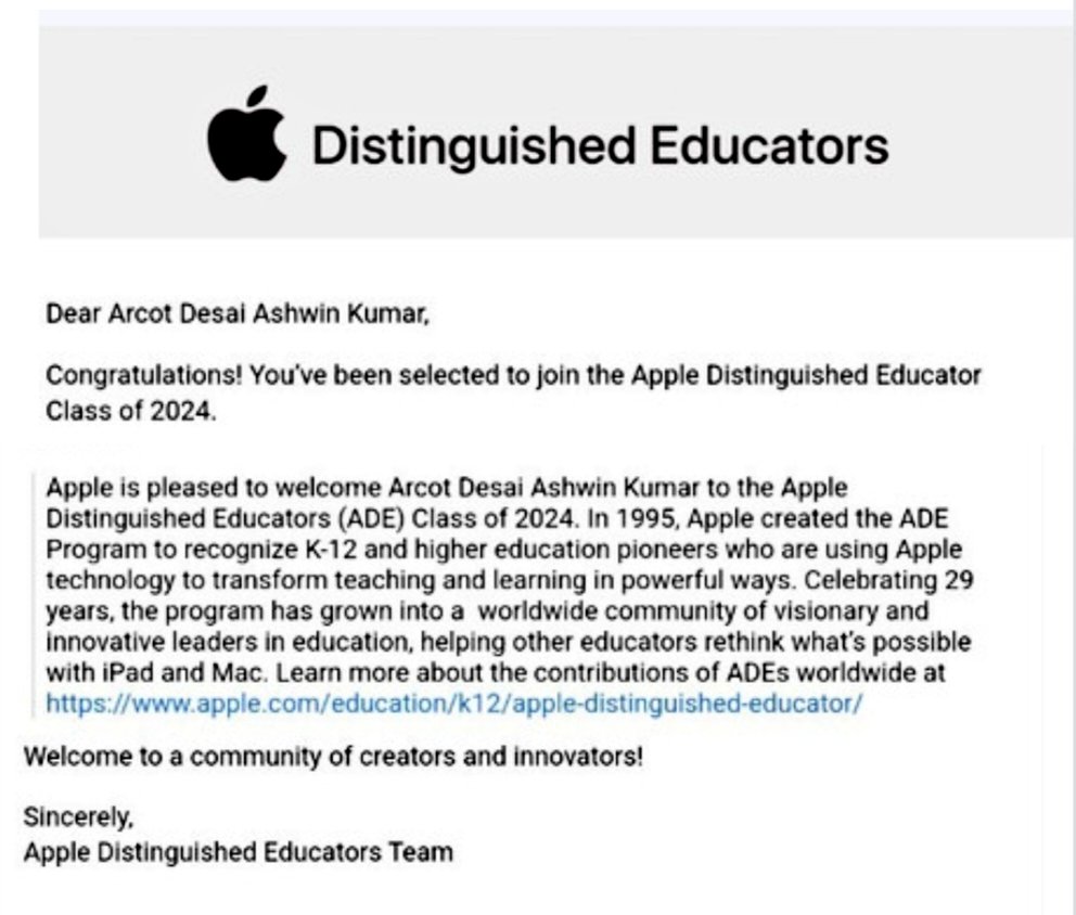 #Apple + #EdTech = Thrilled to announce my selection for ADE 2024! Huge thanks to Apple for their commitment to empowering educators. Looking forward to the journey ahead! Special shoutout to @Swaroop_venni and @LegacySchoolBlr for their invaluable support. #Apple #ADE #ADE2024🎉
