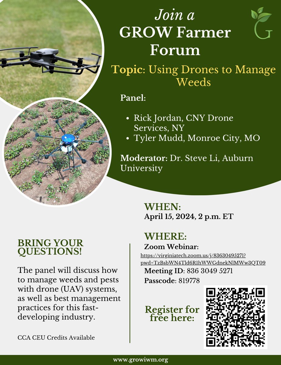 Join a drone weed management farmer forum April 15 at 2pm eastern time from @GetRidOfWeeds. Register at docs.google.com/forms/d/e/1FAI… @WiscWeeds @NDSUWeeds @WarAgainstWeeds @SoybeanScience1 @Emily_Unglesbee @weedsciencenerd @KStateWeedSci @WorldofWeeds #agtwitter