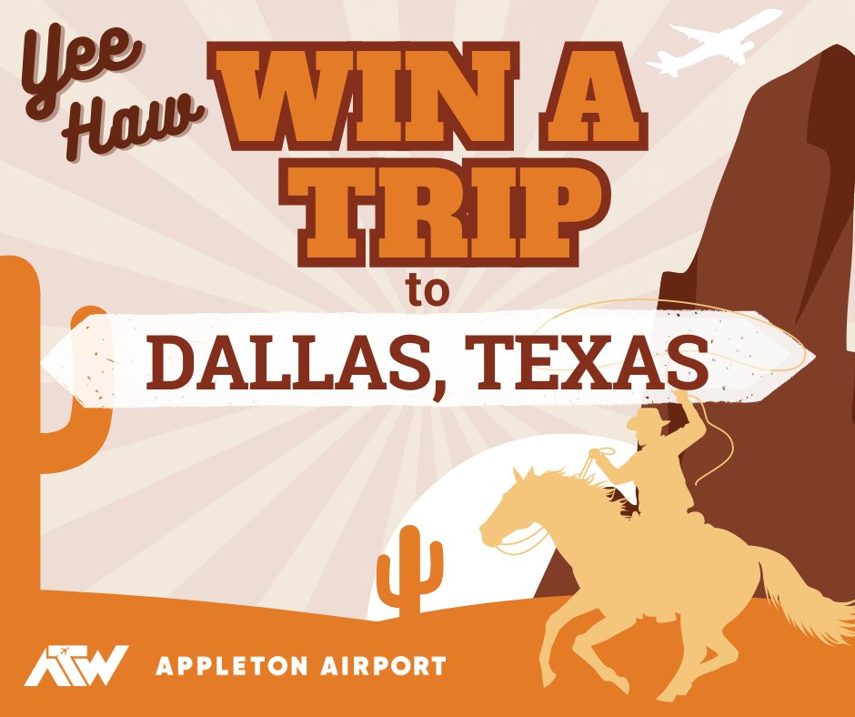 Saddle up for our new nonstop route to Dallas/Fort Worth, Texas on American Airlines! We're sending one lucky winner and their sidekick to a Texas-sized adventure in Dallas! Enter to win at: atwairport.com/contests.../da… #dallas #texas #flyatw #appleton #wisconsin #travel #giveaway