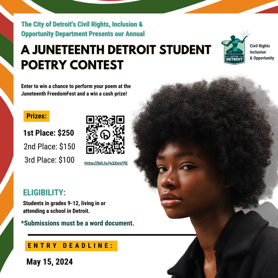 ✨Unleash your inner poet, #Detroit! #TakePart and let your voice be heard at the Juneteenth Student Poetry Contest OPEN NOW to Detroit students in Grades 9-12 - Don't miss out on a cash prize opportunity! Enter NOW: bit.ly/3PQg1Zk #Juneteenth #civilrights #inclusion