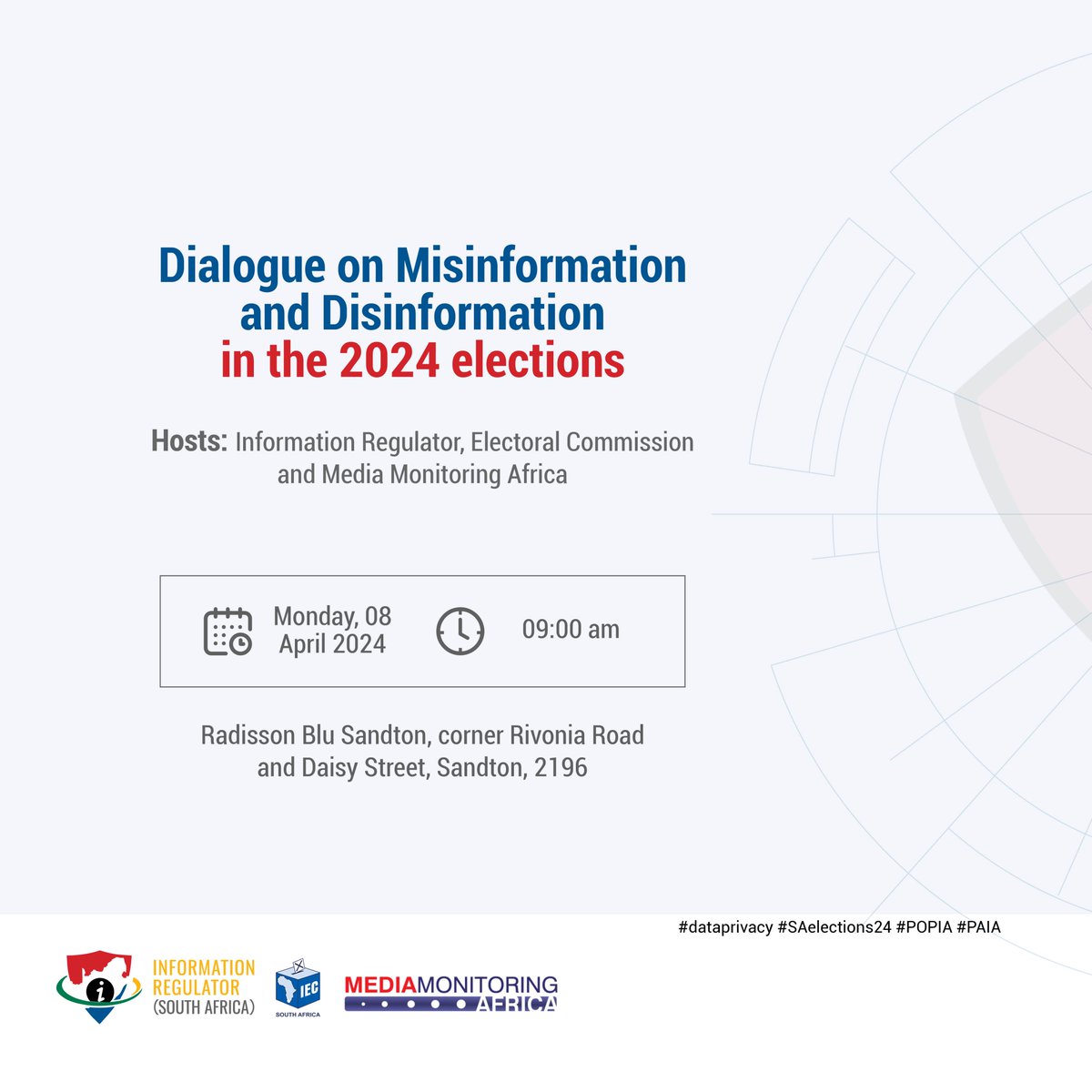 The @IECSouthAfrica, with @InforegulatorSA & @MediaMattersZA, will host a Dialogue on Misinformation & Disinformation. This aims to explore their impact on the electoral process & the responsibilities of stakeholders in addressing them during the election period. #SAelections24