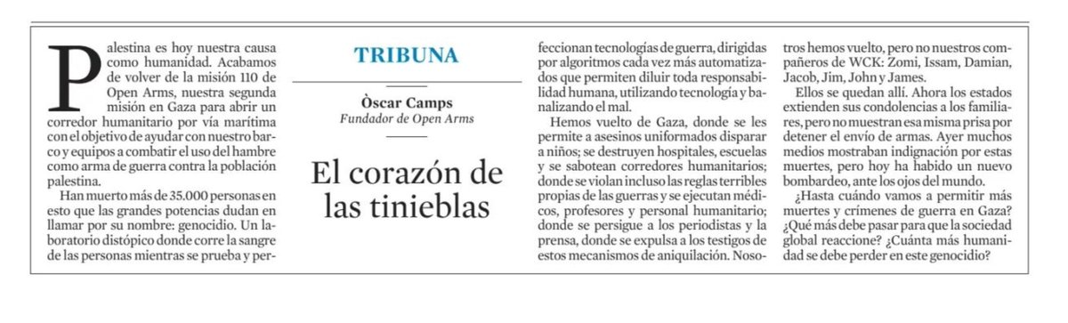 Javier Espinosa (@javierespinosa2) on Twitter photo "¿Cuánta más humanidad se debe perder en este genocidio?", columna en <a href="/LaVanguardia/">La Vanguardia</a> de <a href="/campsoscar/">Oscar Camps</a> sobre lo que ocurre en #Gaza <a href="/openarms_fund/">Open Arms</a> "¿Cuánta más humanidad se debe perder en este genocidio?", columna en <a href="/LaVanguardia/">La Vanguardia</a> de <a href="/campsoscar/">Oscar Camps</a> sobre lo que ocurre en #Gaza <a href="/openarms_fund/">Open Arms</a>
