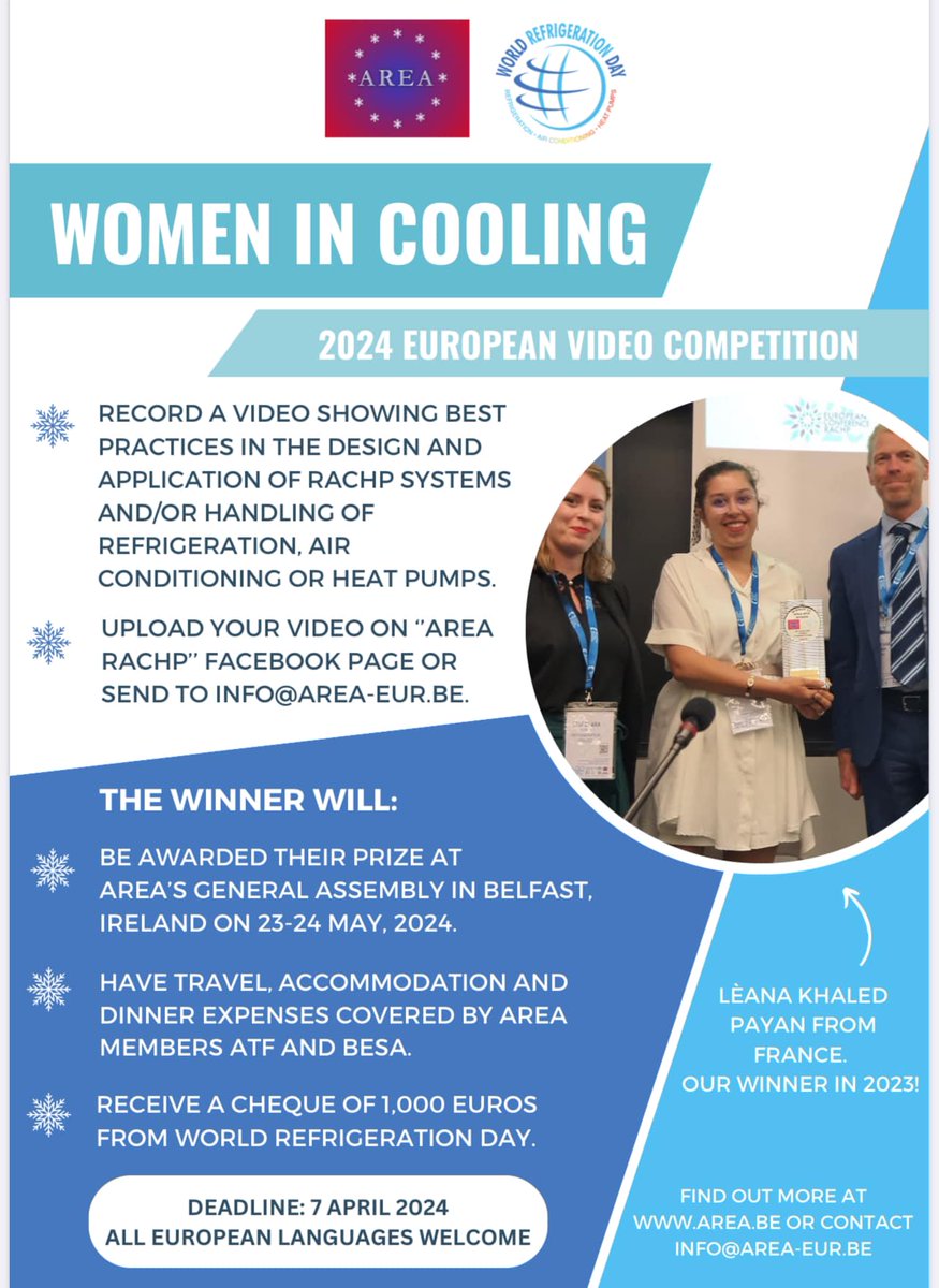 Women in Cooling Video - last days to enter the competition
We have entered the last few days of the competition!
Make sure your videos are posted on AREA’s Facebook page: “AREA” or sent to info@area-eur.be before Sunday 7th of April 2024 at midnight.
@area_rachp