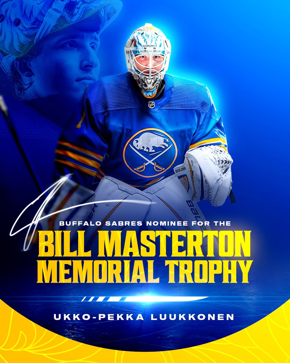 Ukko-Pekka Luukkonen has been selected as the our nominee for the 2023-24 Bill Masterton Memorial Trophy, awarded to the NHL player who “best exemplifies the qualities of perseverance, sportsmanship, and dedication to hockey.' Congrats, Upie! 🙌 Details: bufsabres.co/3TMqfuH