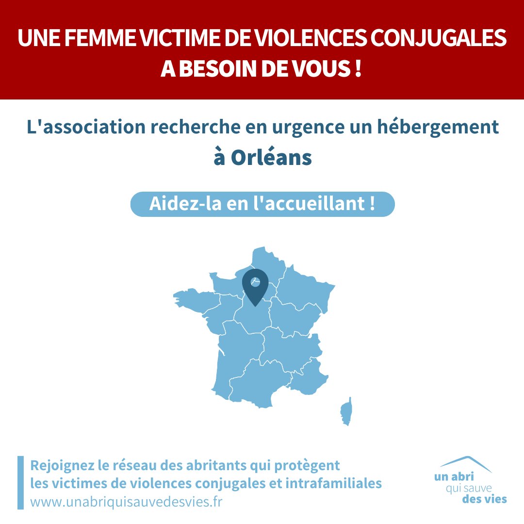 ⚠️ URGENCE #VIOLENCESCONJUGALES ⚠️

Un abri qui sauve des vies recherche un lieu sûr pour héberger en urgence une femme à 📍 #Orleans (45) ou proche. 

Pour l'aider, vous pouvez l'accueillir (dès ce soir). 

Merci de partager 🙏