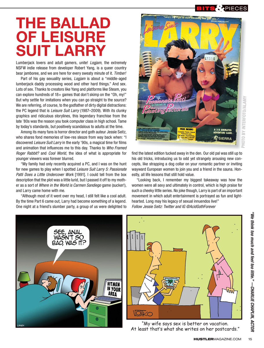 Remember when @AcidGothForever wrote about #LeisureSuitLarry in the Aug 2022 issue of HUSTLER? Good times… 

The Bits & Pieces section is no more, but the memories live on in the words of my amazing contributors. Thanks, everyone!

Link: hustlermagazine.com/humor/the-ball…