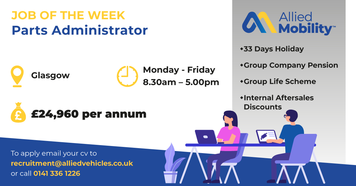 JOB OF THE WEEK: Parts Administrator - Allied Parts 📌 Glasgow 🕑 Monday-Friday, 8:30am-5pm Benefits include: • 33 Days Holiday • Group Life Scheme • Internal Aftersales Discounts • Industry Leading Benefits Portal Full job description at: careers.alliedvehiclesgroup.com/job/parts-admi…