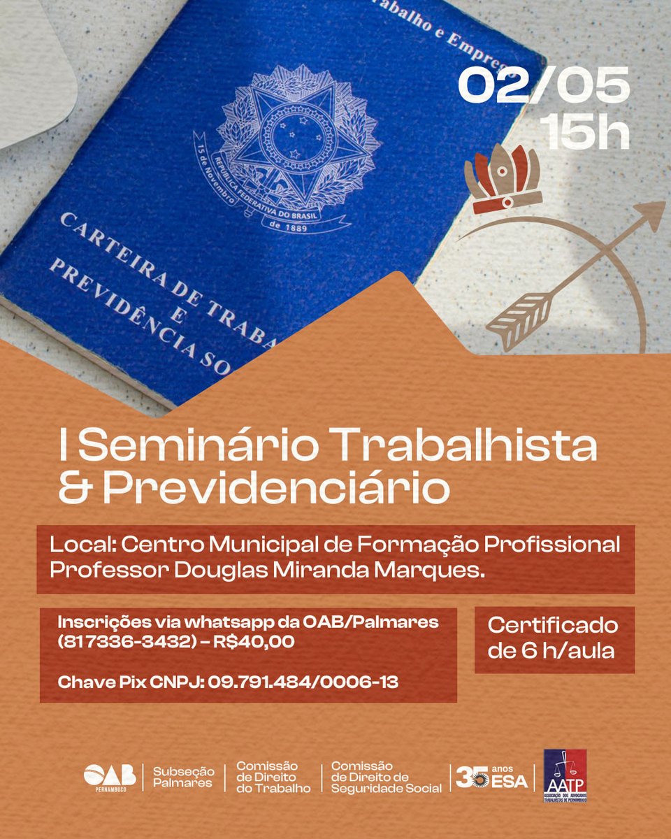 ESAOABPE's tweet photo. Dia 02 de maio temos um encontro marcado para o I Seminário Trabalhista e Previdenciário da OAB Palmares.  O encontro acontece a partir das 15h no Centro Municipal de Formação Profissional Professor Douglas Miranda Marques no município de Palmares. Não fique de fora! https://t.co/Uo0wKfdt7g
